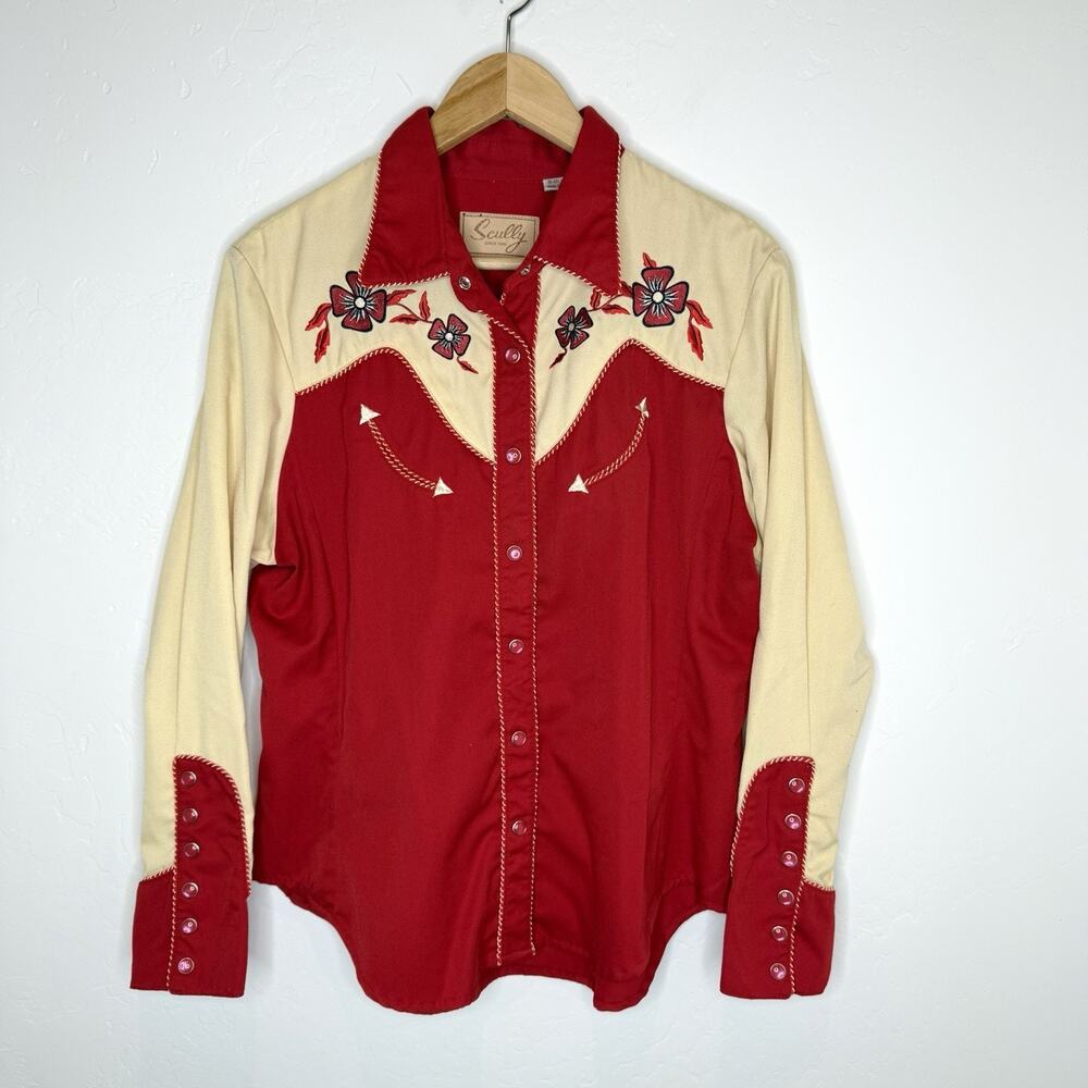 Scully Red Pedal Snap Western Shirt Womens Large Long Sleeve Country Floral